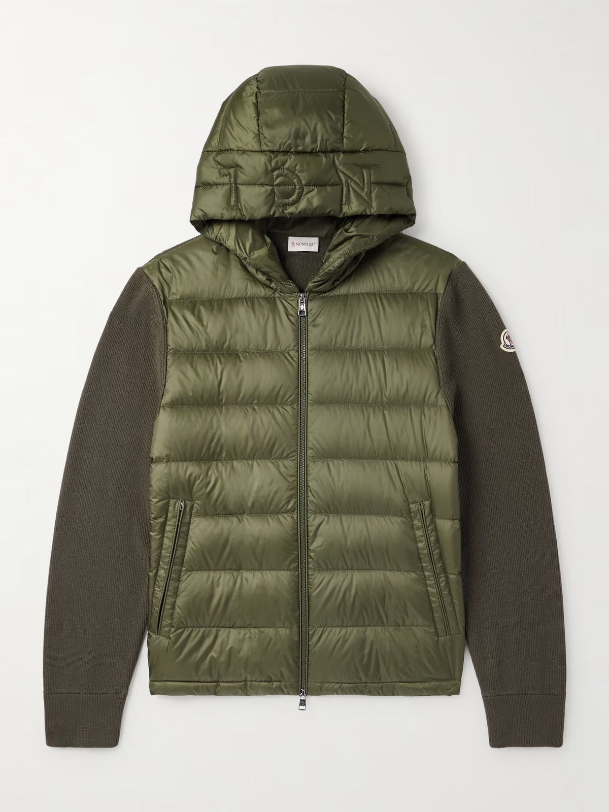 Moncler hooded down cardigan with wool trim and logo patch - additional product photo 1