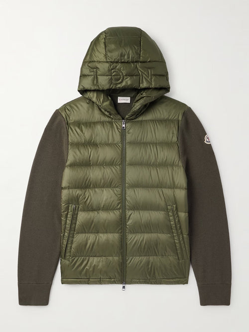 Moncler hooded down cardigan with wool trim and logo patch - additional product photo 1
