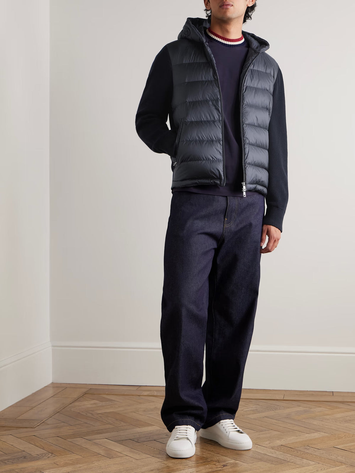 Moncler hooded down cardigan with wool trim and logo patch - additional product photo 4