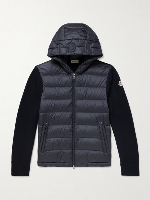 Moncler hooded down cardigan with wool trim and logo patch - product photo