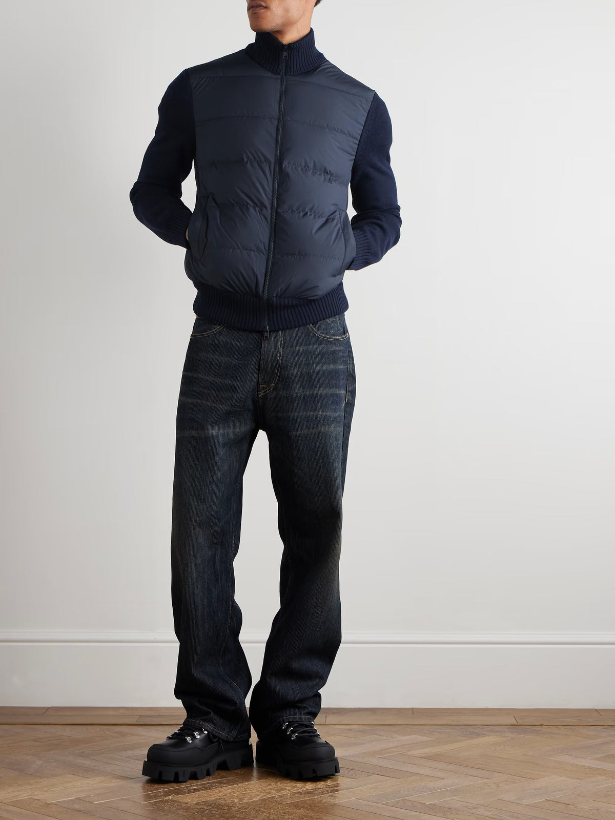 Moncler quilted down cardigan with wool panels and logo patch - additional product photo 2