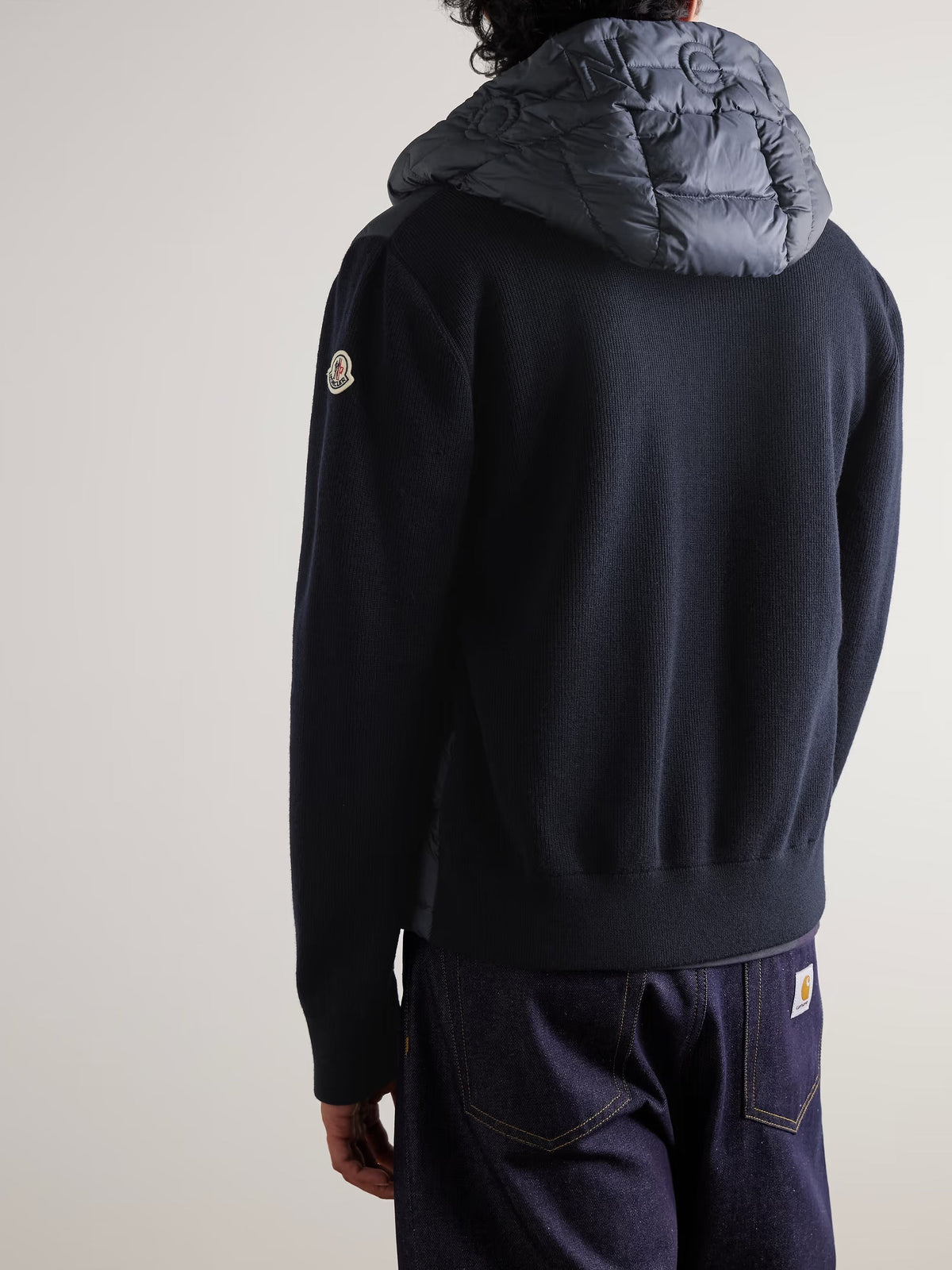 Moncler hooded down cardigan with wool trim and logo patch - additional product photo 3