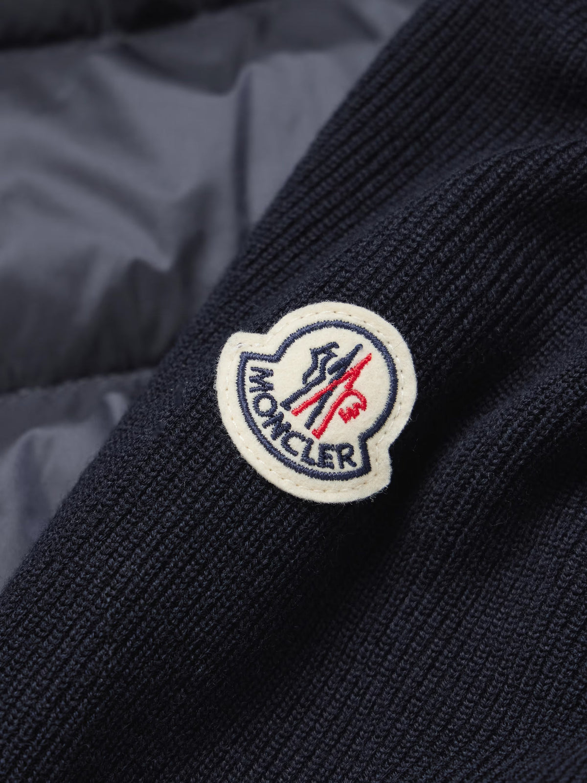 Moncler hooded down cardigan with wool trim and logo patch - additional product photo 2