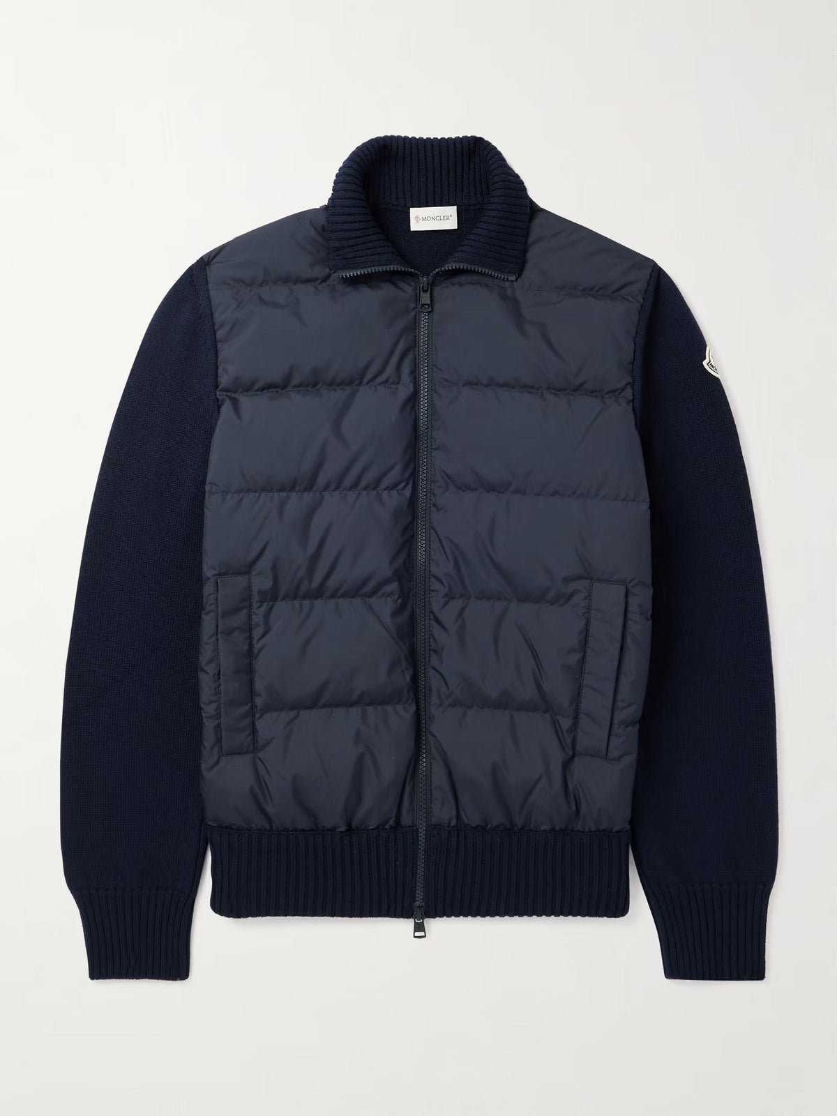 Moncler quilted down cardigan with wool panels and logo patch - product photo